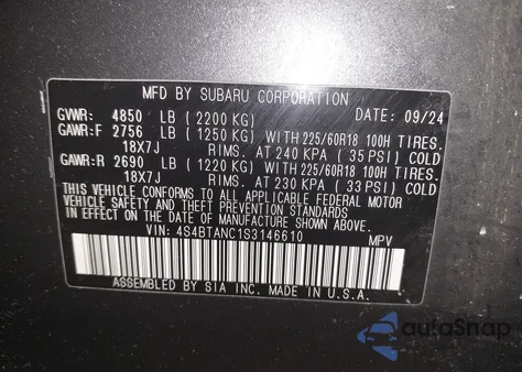 2025 Subaru Outback Limited из США, поврежденный, VIN 4S4BTANC1S3146610